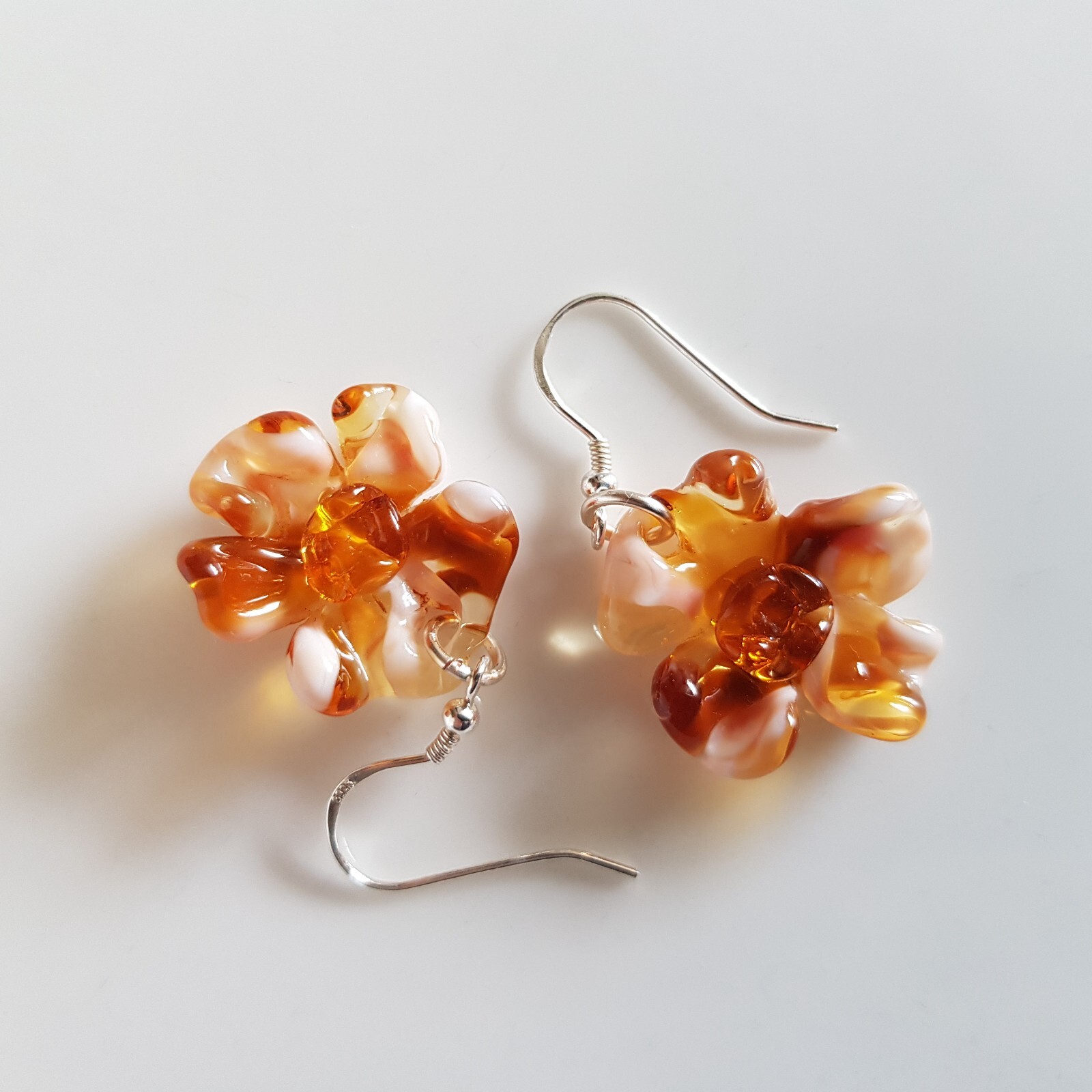Dangle Drops Earrings Flowers Tea Brown Colors Murano Glass 925 Silver Hooks