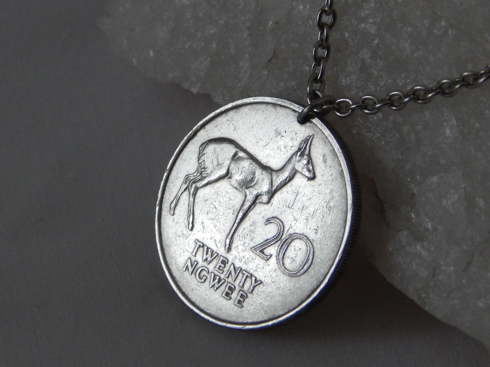 1968 Zambia 20 Ngwee Coin Pendant Necklace Reedbuck Antelope Animal #259