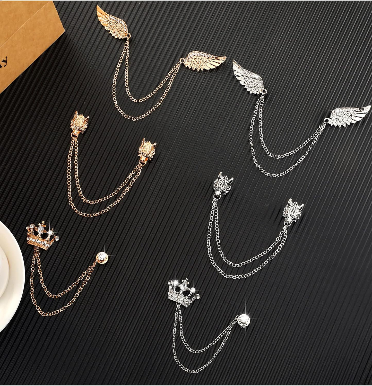 6 Pieces Men’s Tassel Chain Brooch Collar Pins Wedding Brooches Collar Pins Wing