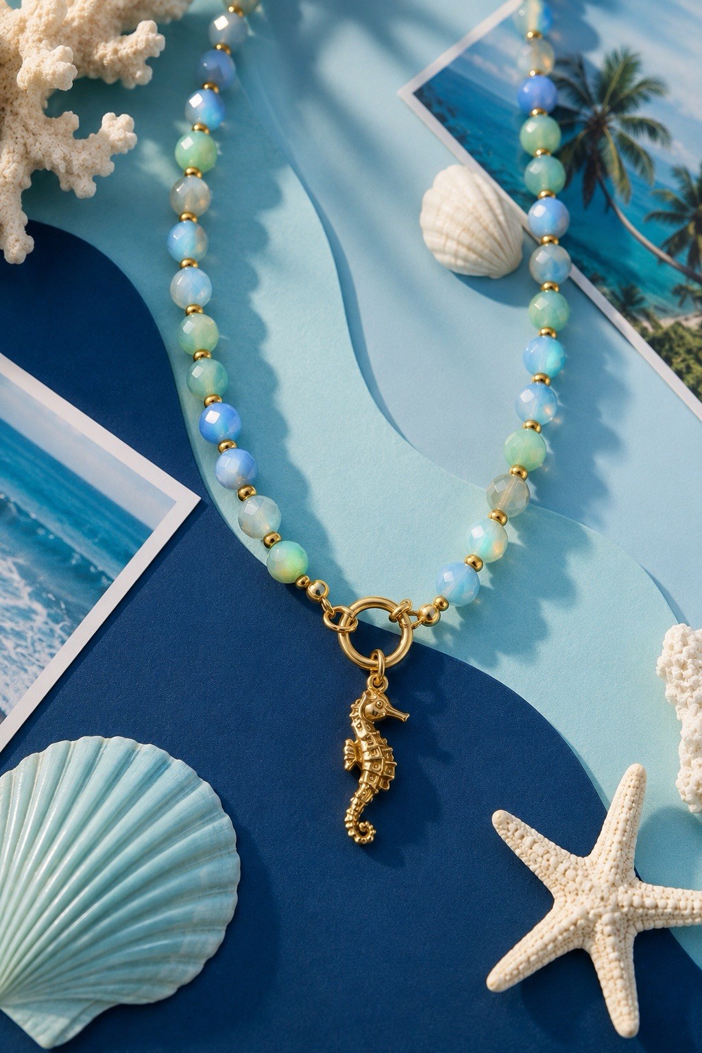 Blue Glass Beaded Necklace Gold Tone Seahorse Charm Pendant Spring Ring