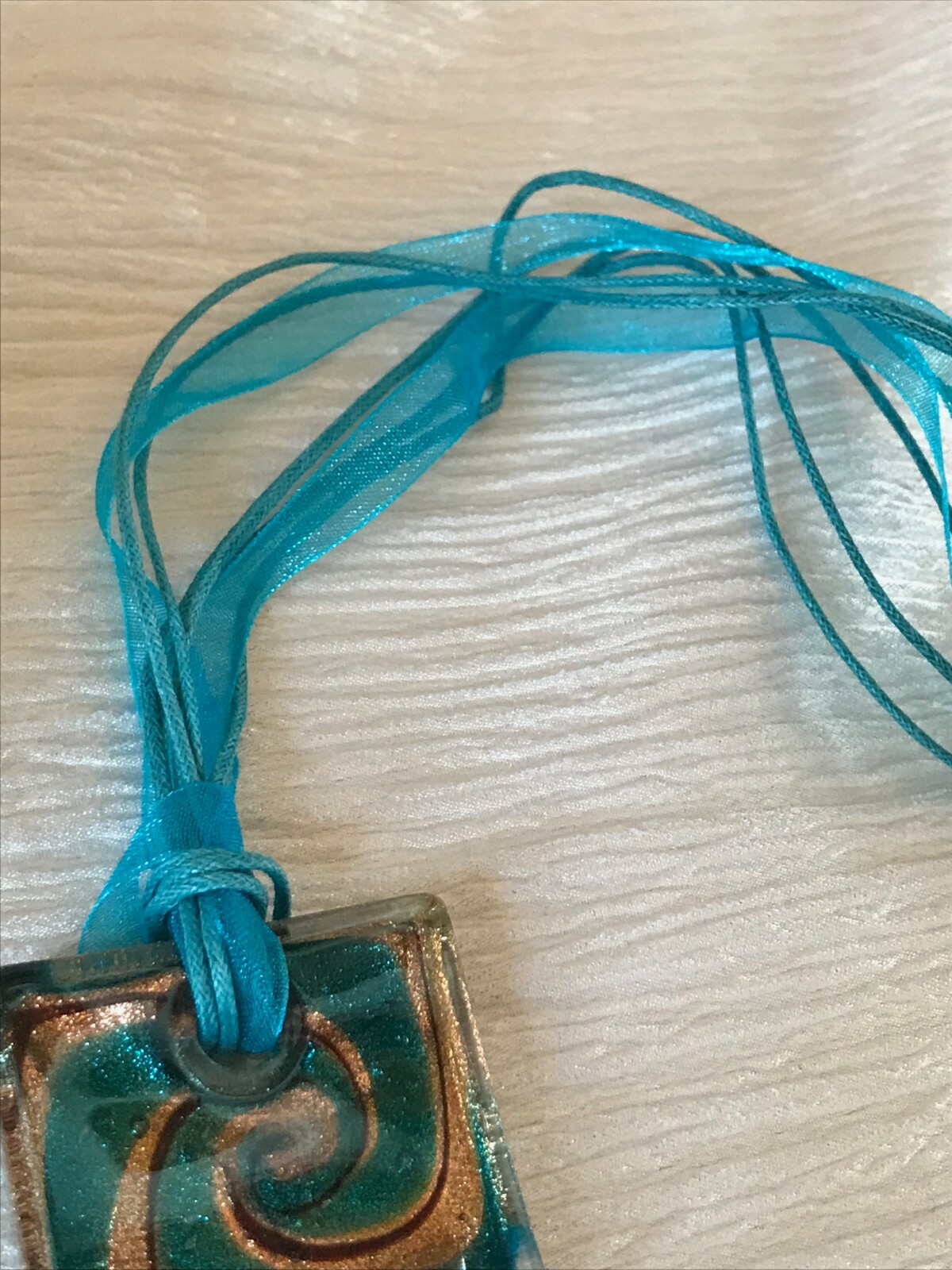 Estate Multistrand Aqua Silk Cord with Large Square Swirl Fused Art Glass Pendan
