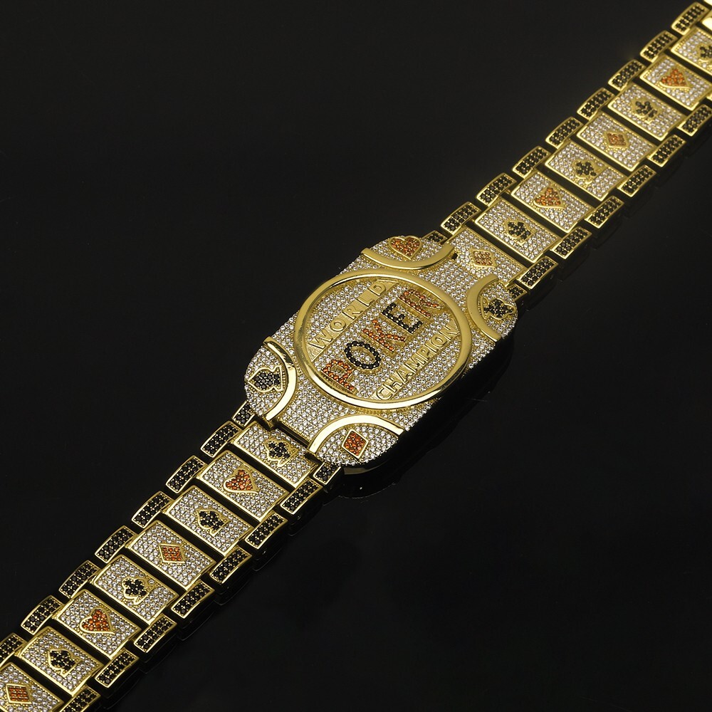 Wold Poker Champion Bracelet Brass Iced 8.5″ Simulated Diamond Gold Plated Bling