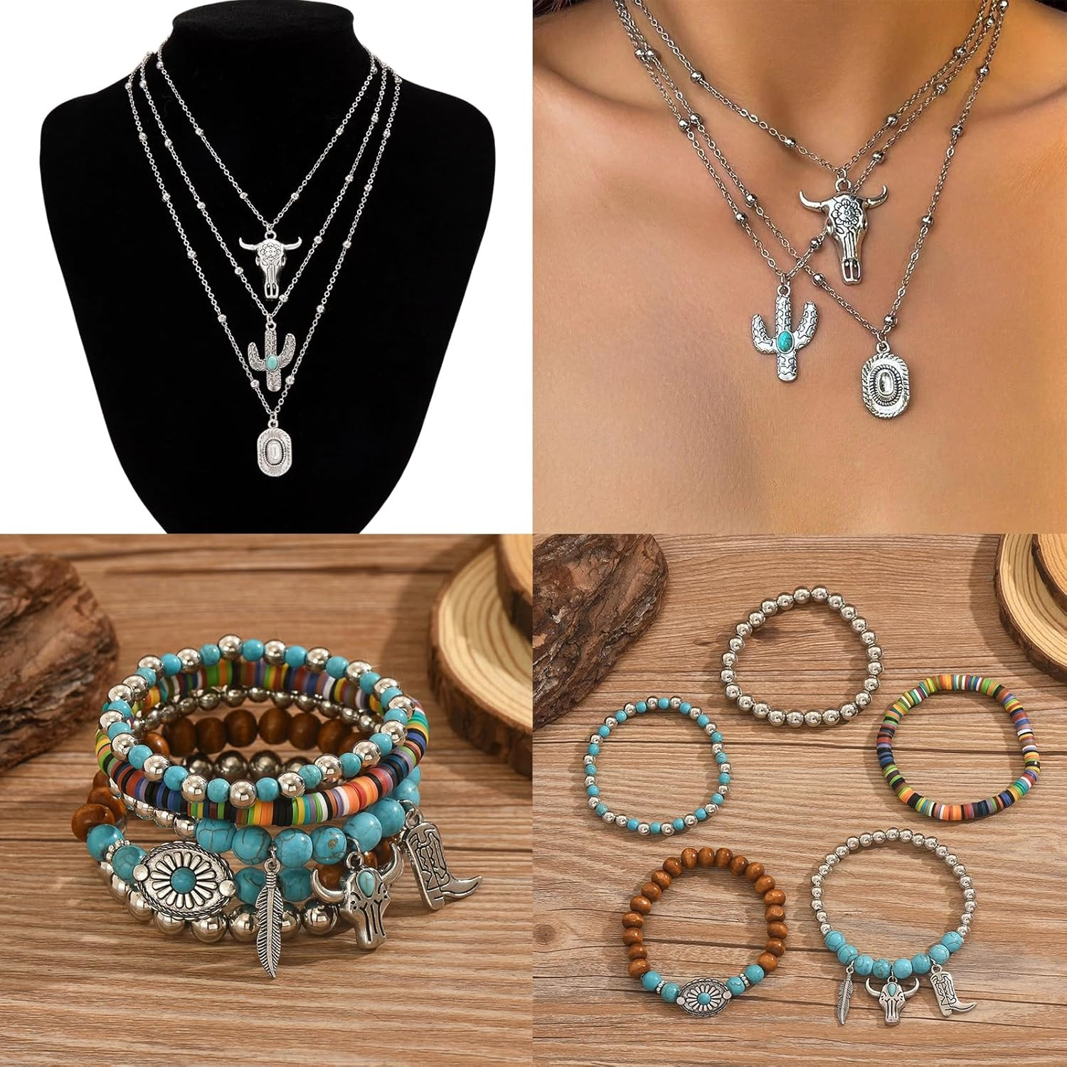 3PCS Western Jewelry for Women Bohemian Set,Boho Vintage Layered Necklace Dangle