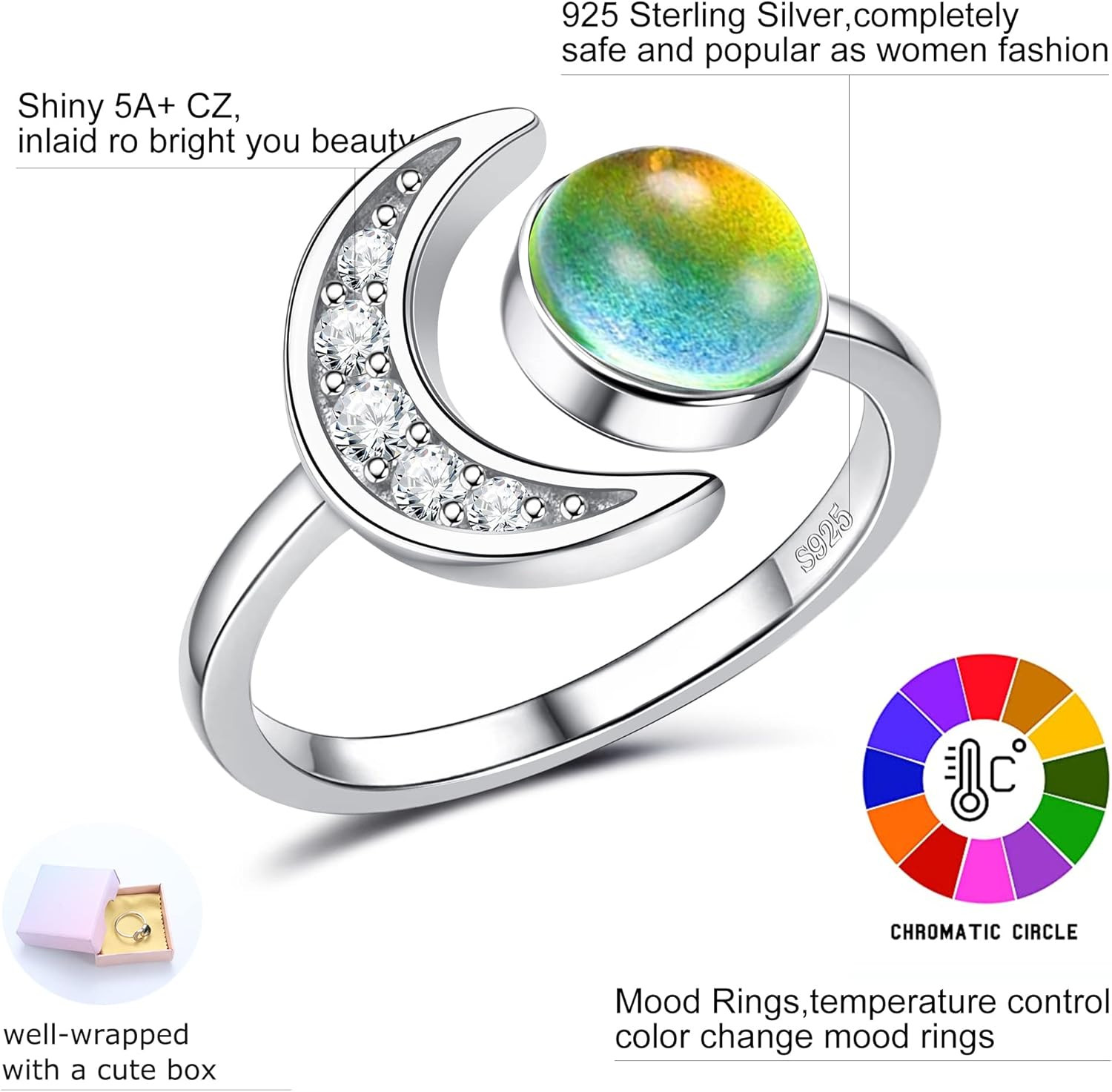 925 Sterling Silver Mood Ring Moon Star Open Adjustable Rings for Women 18K Whit
