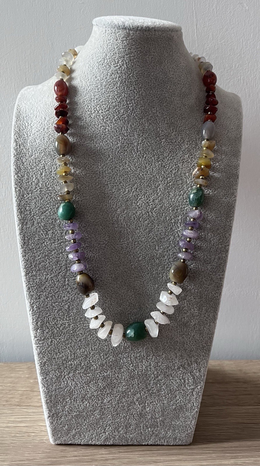 Natural Semi-Precious Gemstone Chip And Tumbled Stone Necklace, See Description