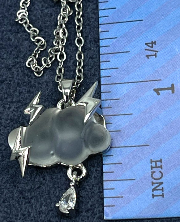 Necklace Iridescent White Cloud Silver Tone Lightning Bolts & Zirconia Rain Drop