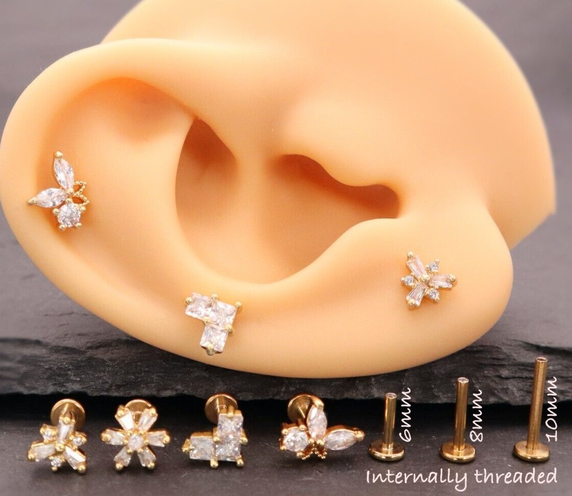 Internal Threaded Flat Labret Back Cartilage Helix Lobe Tragus Conch Earring UK