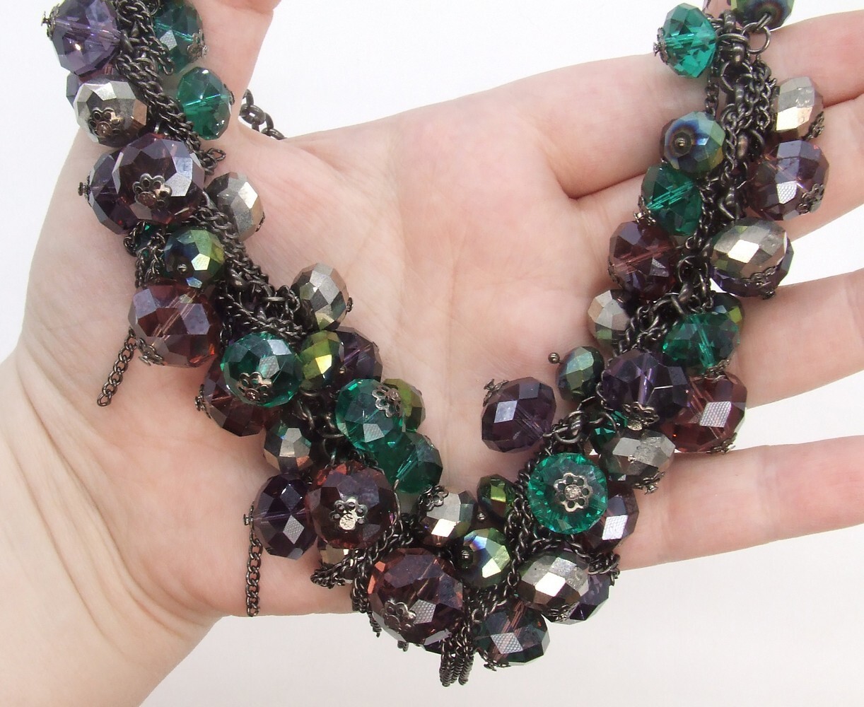 18-20.5″ Sarah Coventry Black-P Rolo Chain Crystal Cha Cha Necklace/Choker Aqua