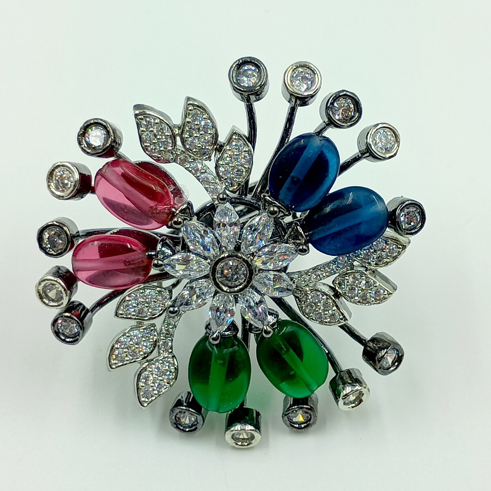 Handmade Multi Stone Ring Adjustable Cubic Zirconia Black Rhodium Plated Boho