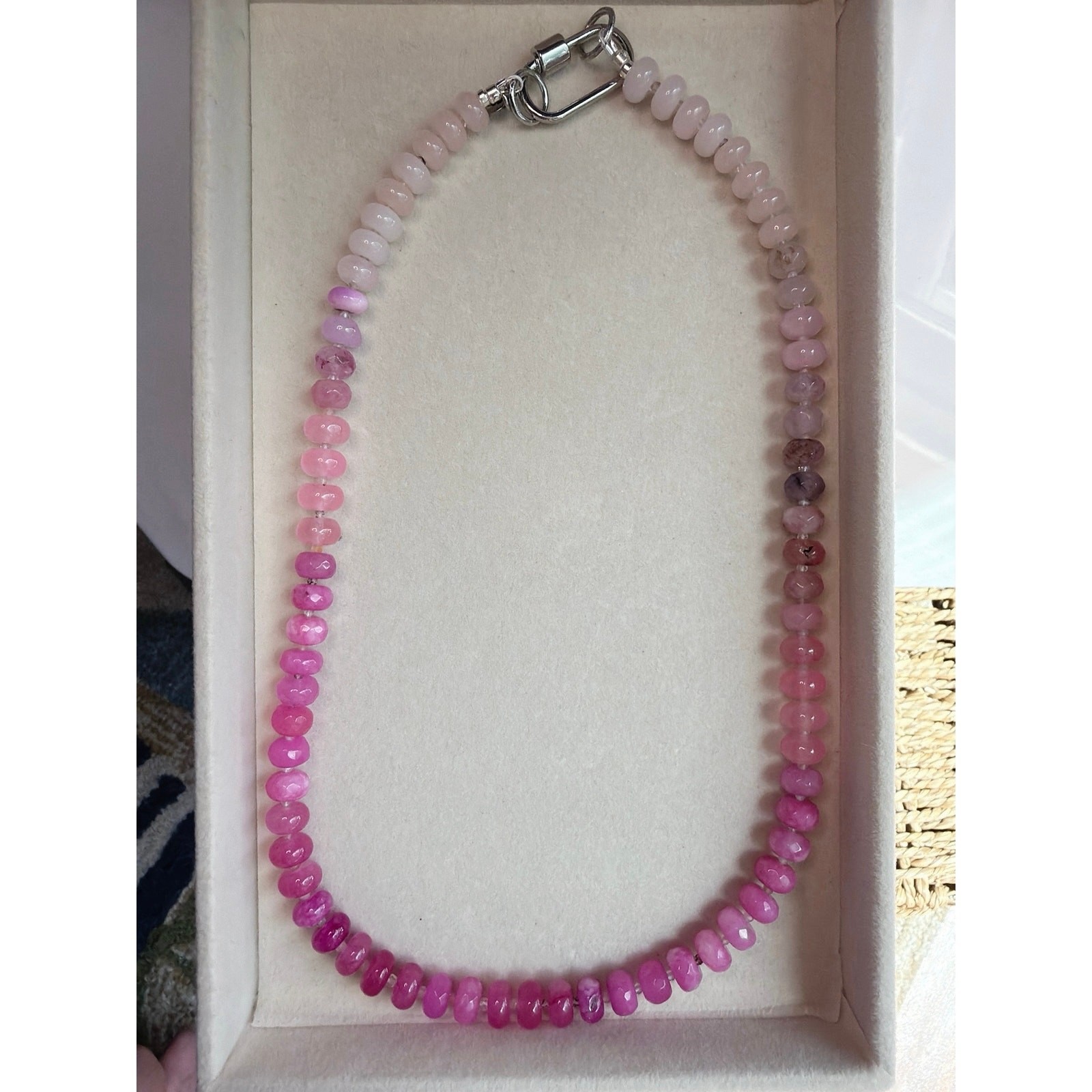 20″ Ombre Pink Gemstone Necklace, Silver Tone Hardware, Quartz, Jade, Agate