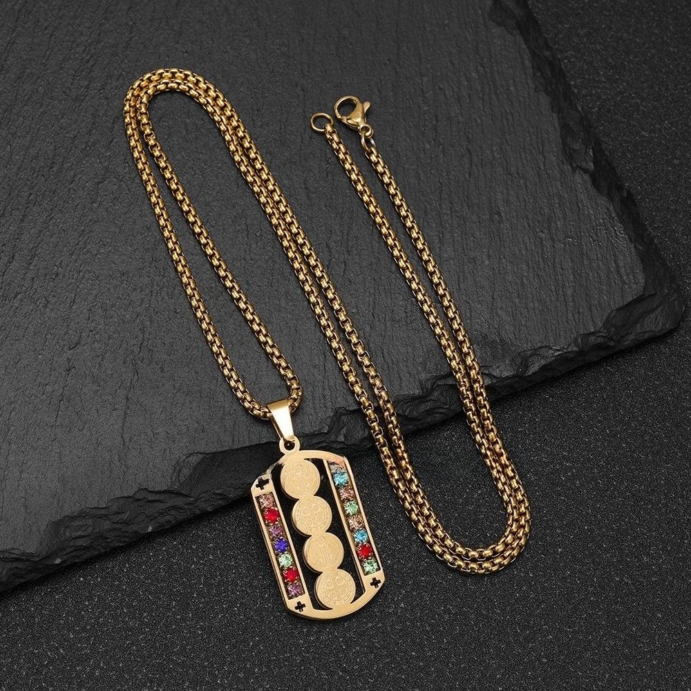 Stainless St. Benedict Medal Pendant Colorful Zirconia Religious Unisex Necklace