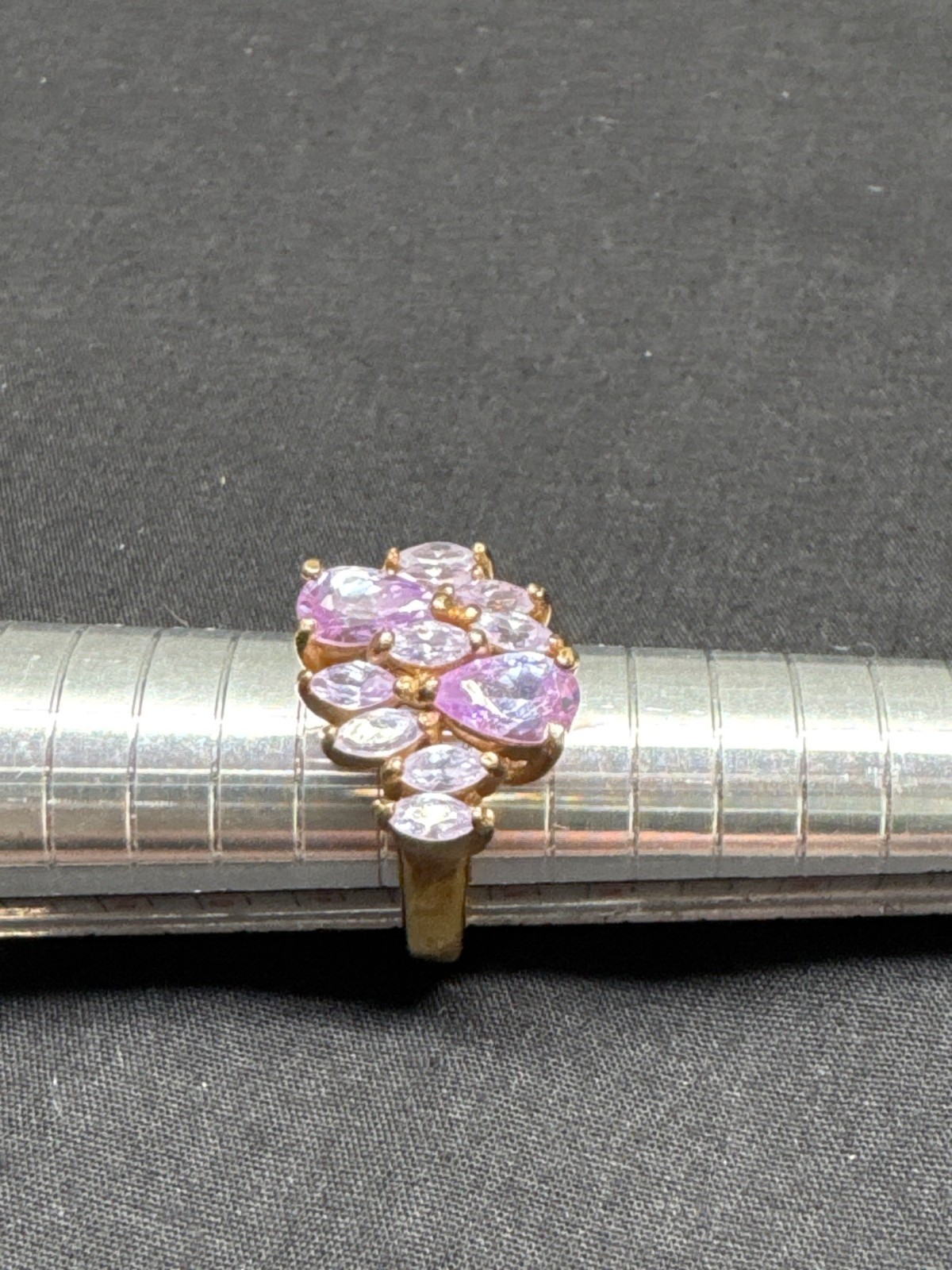 Gold Tone Cocktail Ring With Pink & Purple Gemstones In Marquise Cut Design