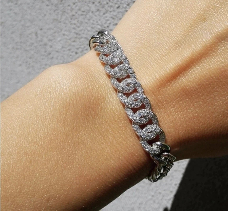 18K Platinum Plated Cuban Chain Bracelet Simulated Diamond Elegant Festival Gift