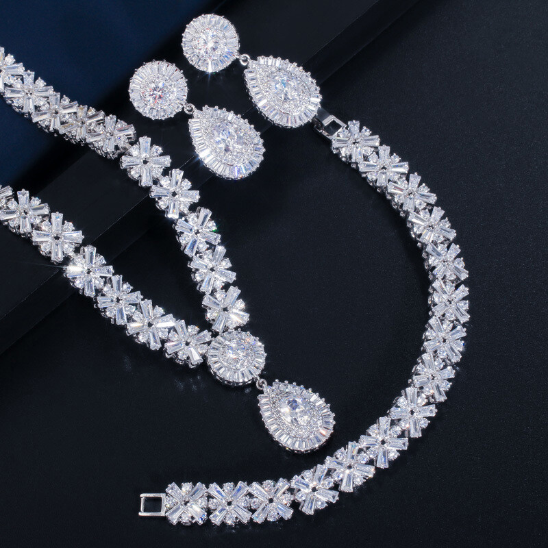 Gold Plated Water Drop Pageant Necklace Earring Bracelet CZ Zirconia Jewelry Set