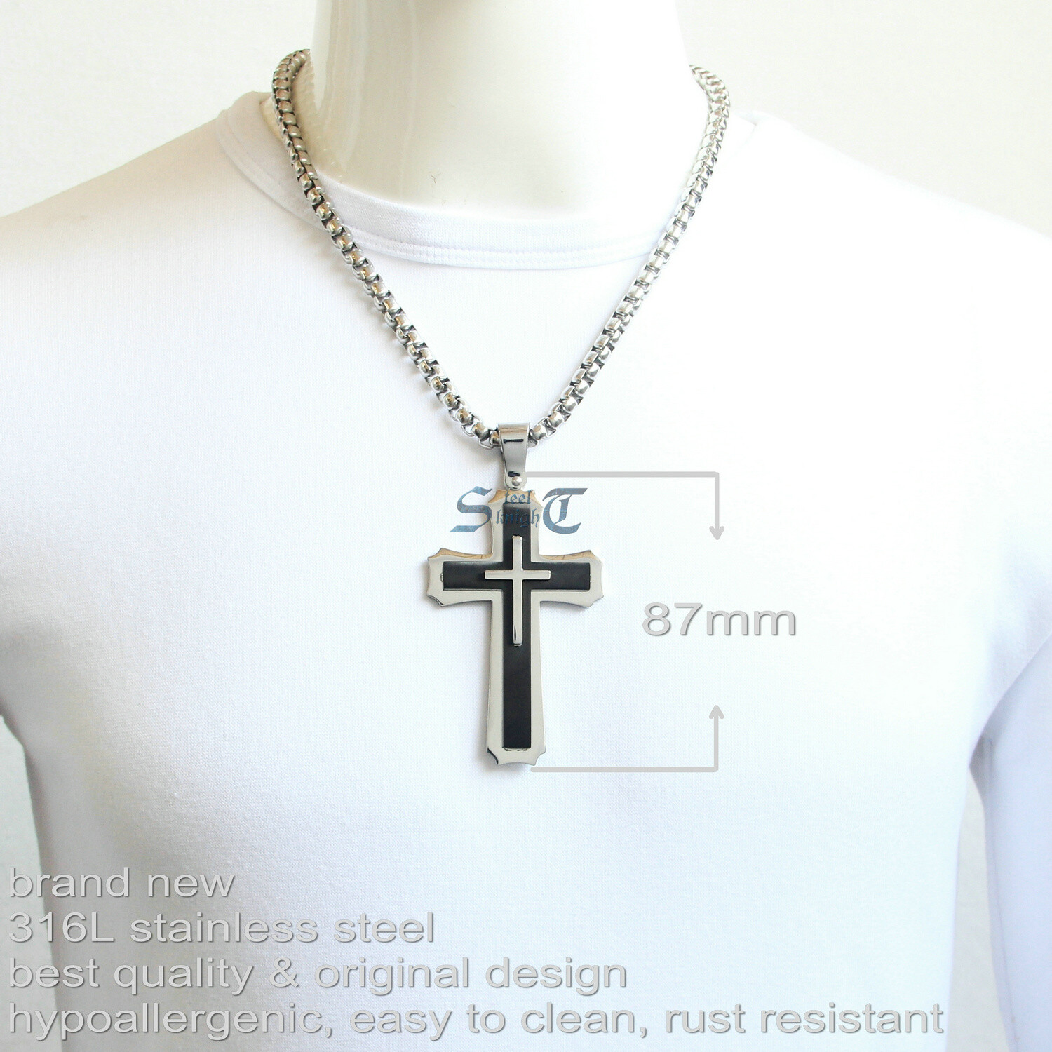 Men Huge Polish Stainless Steel Three Large Cross Pendant Necklace Silver/Black