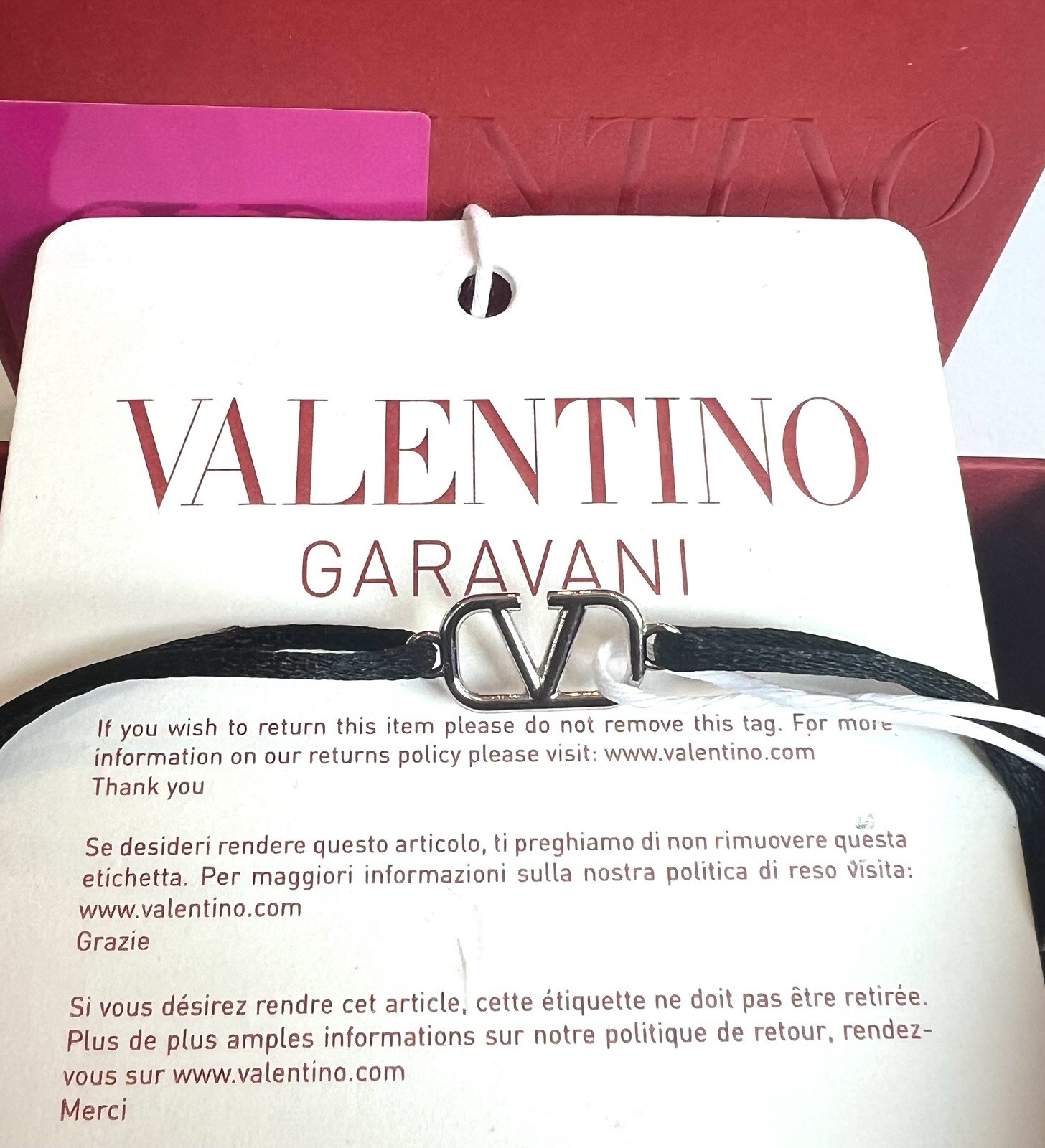 Valentino Garavani VLogo Signature Black Cord Bracelet Silver Tone NWT New Tag