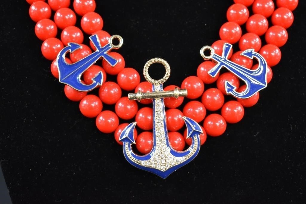 CC Nautical Set Necklace 19in Red Bead Triple Strand Blue Anchor 2 Sailboat Pins