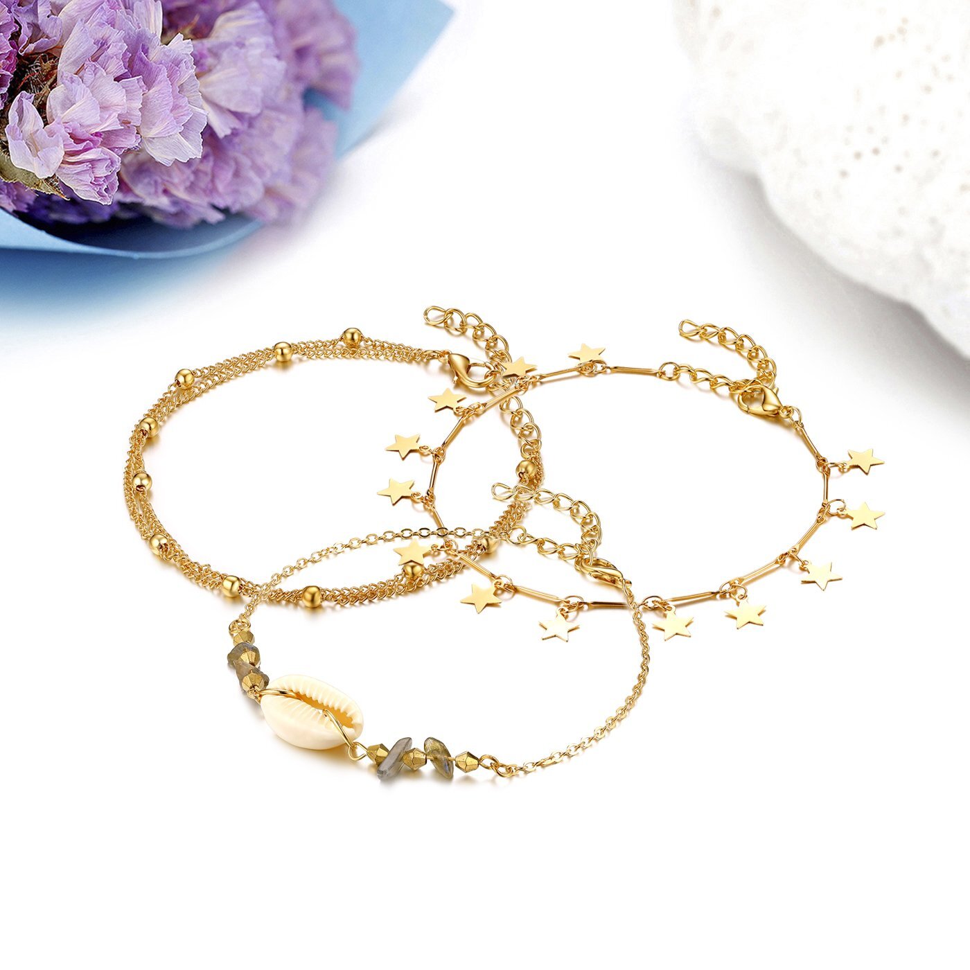 Fashion Women Boho Shell Star Ankle Bracelet Beaded Adjustable Beach Anklet Set