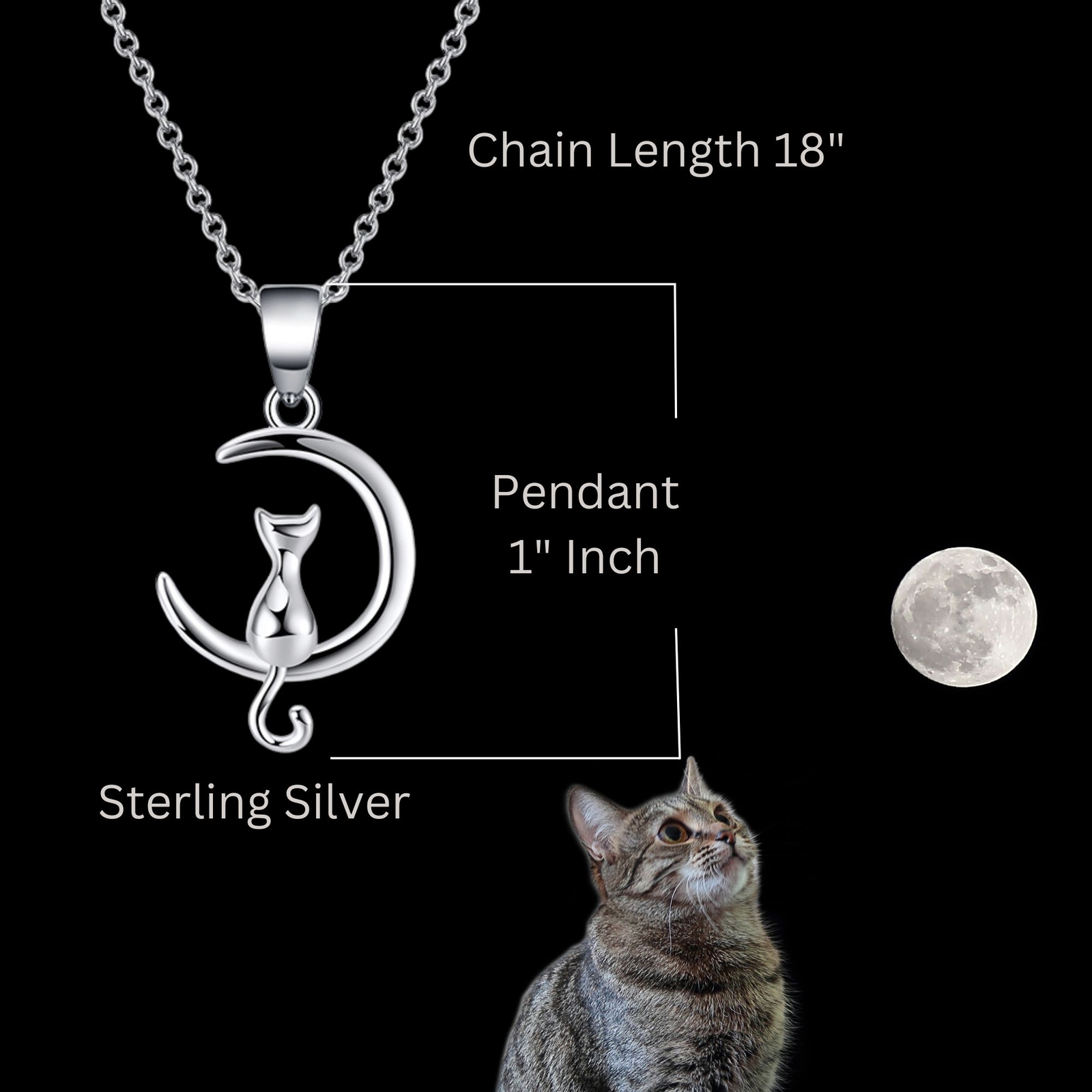 Kitty Cat on Moon Pendant Necklace for Women Sterling Silver Ginger Lyne Coll…