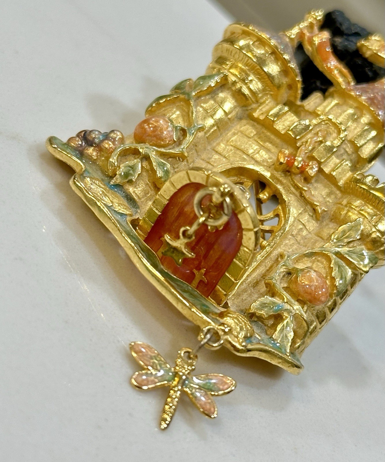 Kirks Folly Fairytale Castle Rapunzel Princess Gold-Tone Enamel 3” Brooch/Pin