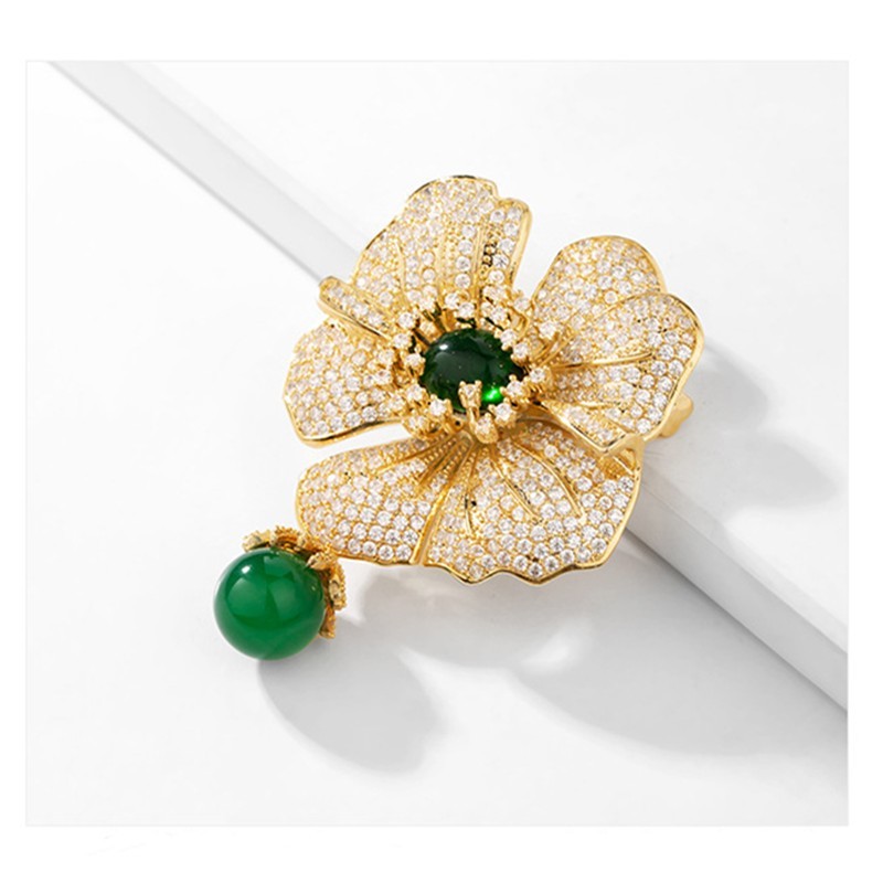 Green Imitation Jade Flower Brooch Pin Women Rhinestone Crystal Floral Gift