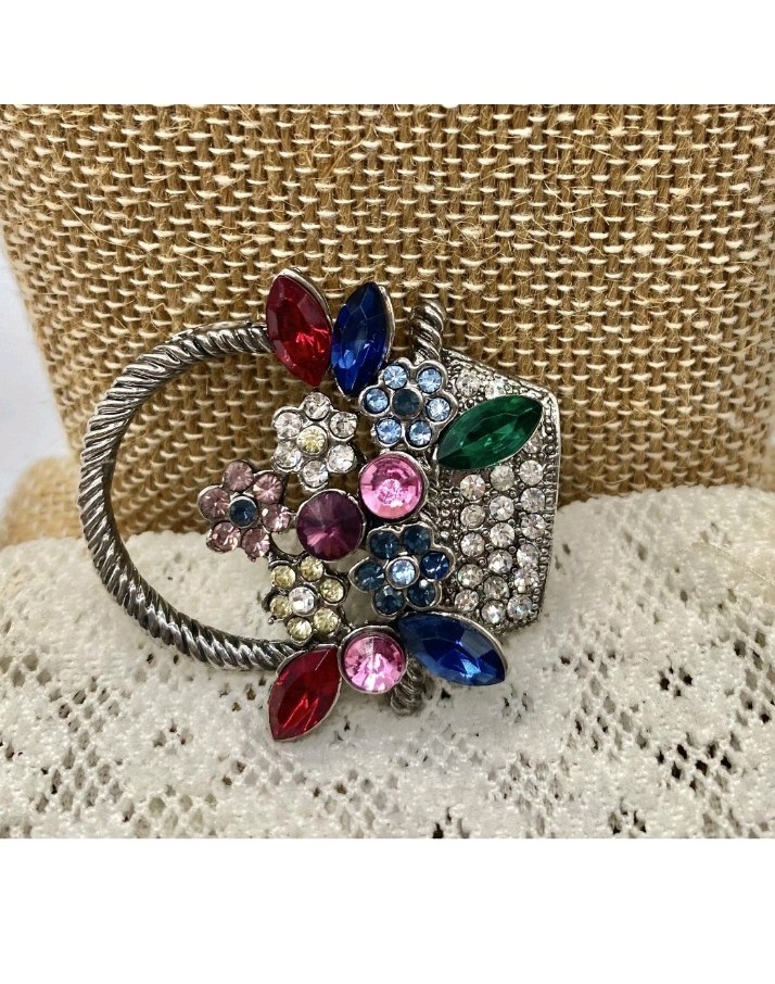 Vintage Flower Basket Rhinestone Cluster Bouquet Silver Tone Brooch Pin