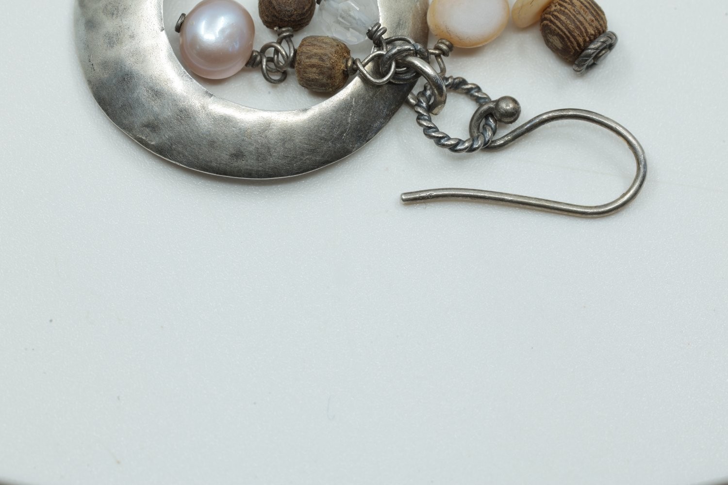 Silpada Sterling Silver Hammered Disc Drop Earrings Pearl Wood Quartz Boho