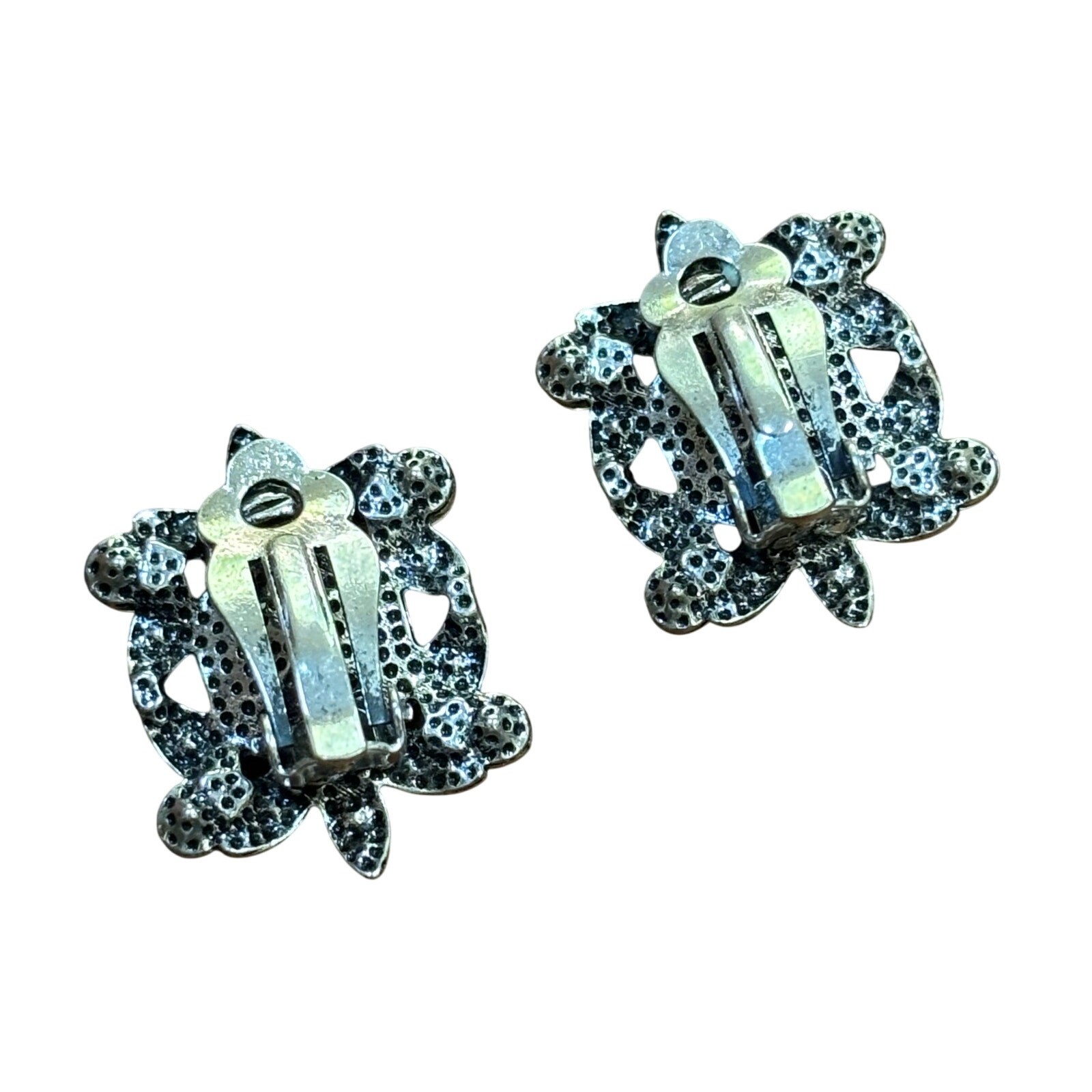 Vintage mid century clip on earrings silver & clear white rhinestones squares