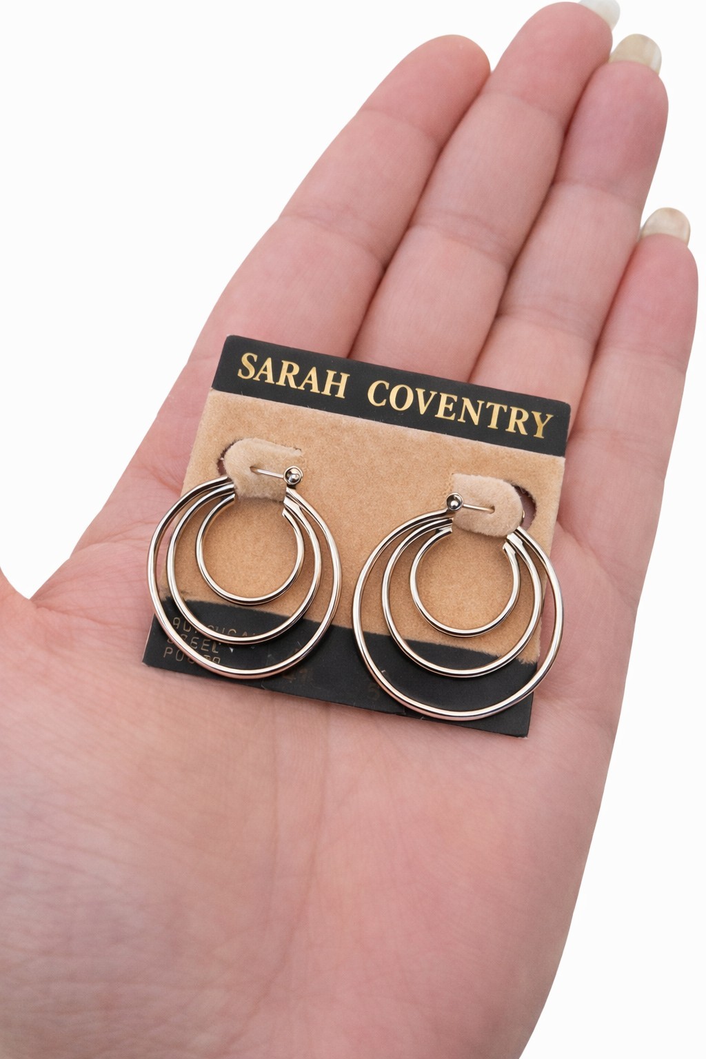 Sarah Coventry Triple Hoop Earrings Silver Tone Layered Hoops Stud Post VTG NOS