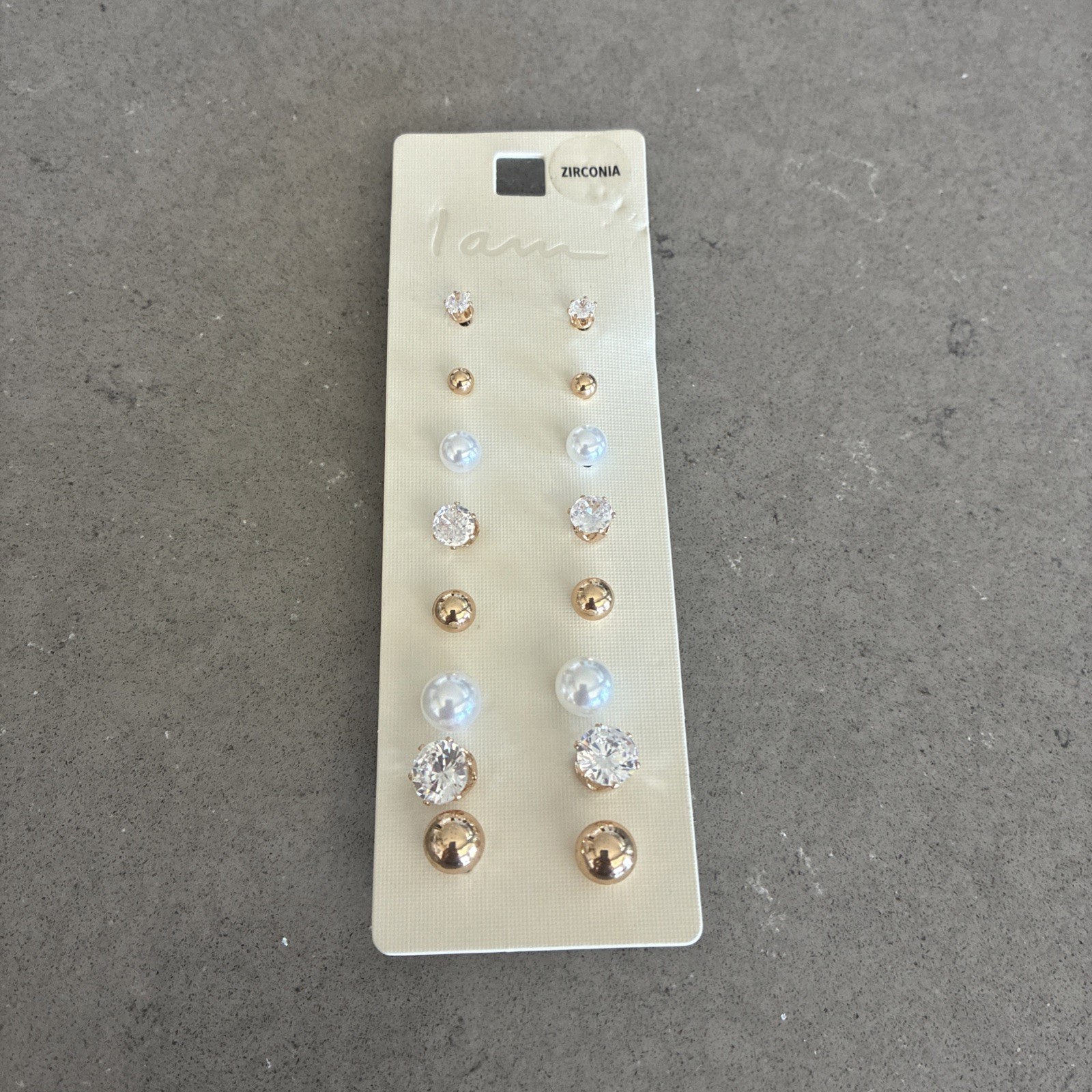 I Am Stud Earrings 8 Pair Set Cubic Zirconia, Gold Tone & Pearl Tone | New