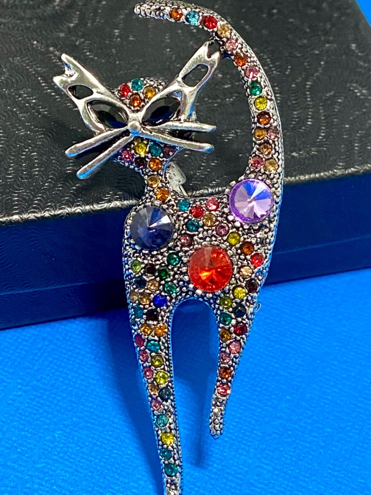 Multicolor Rhinestone Silver Cat Brooch Box included