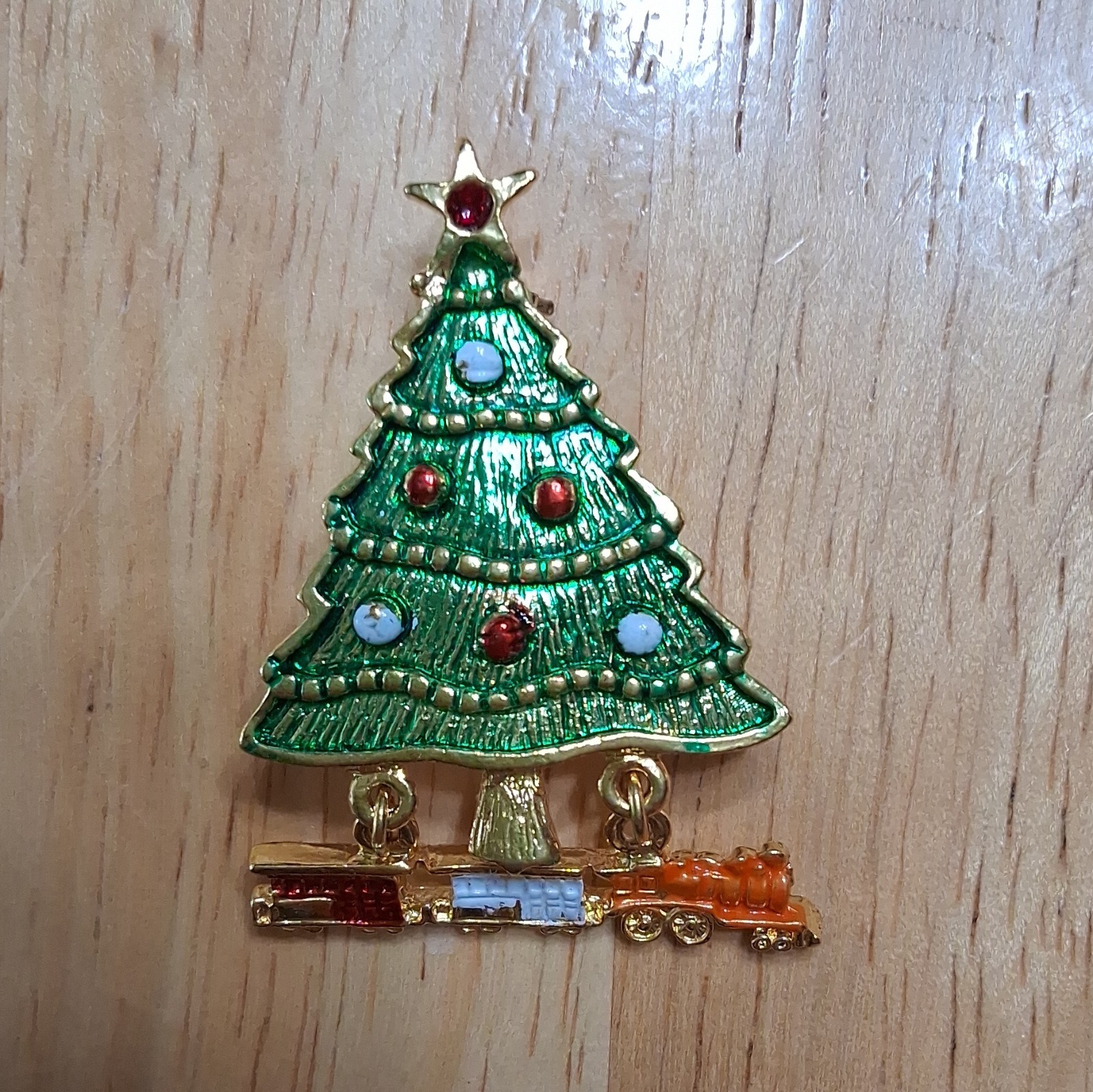 Lot of 5 Christmas Enamel Rhinestone Dangling Brooch Pins Tree Wreath Bells