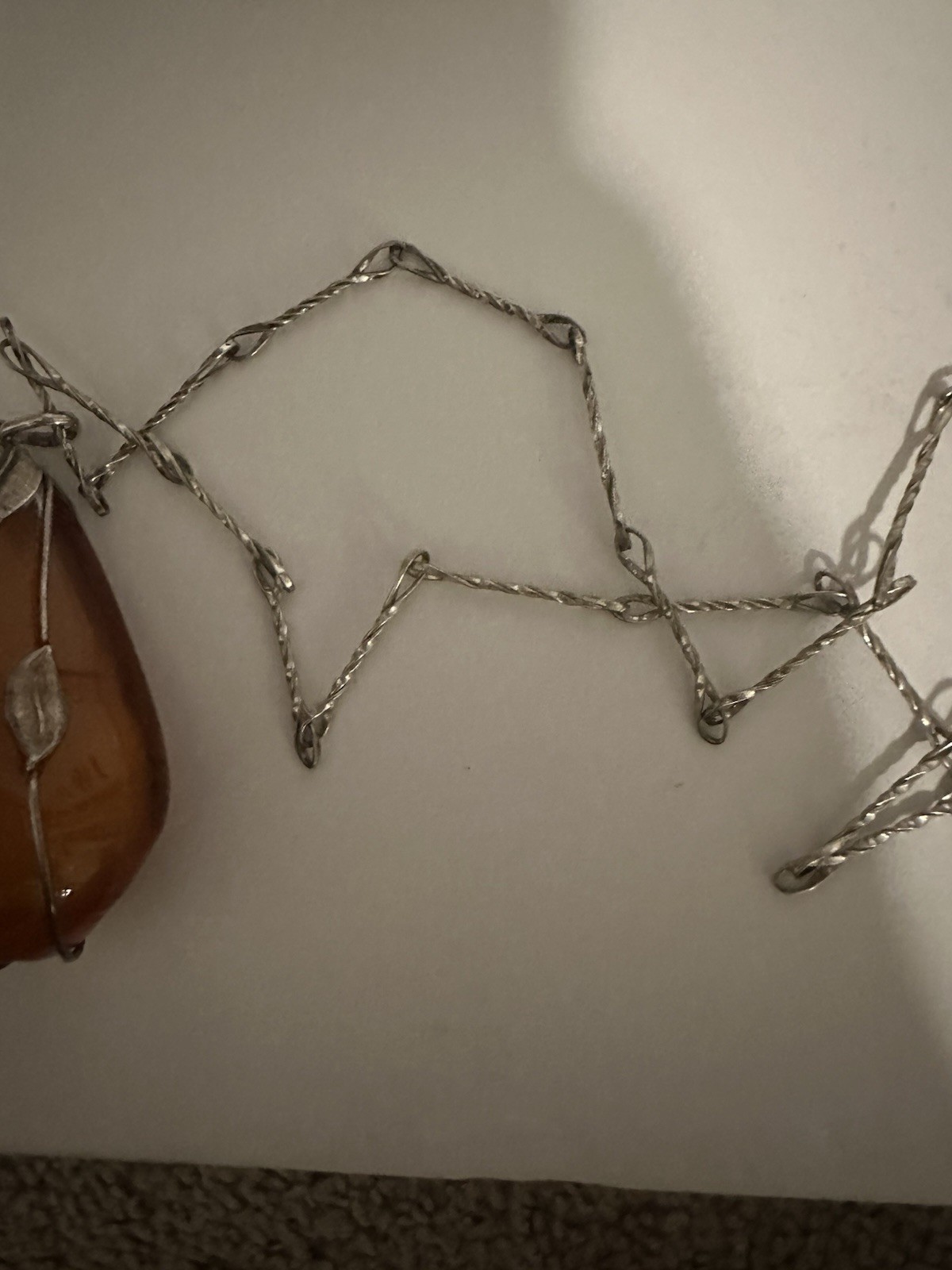 Silver Tone Link Chain Necklace, Amber Teardrop Pendant Wire Setting