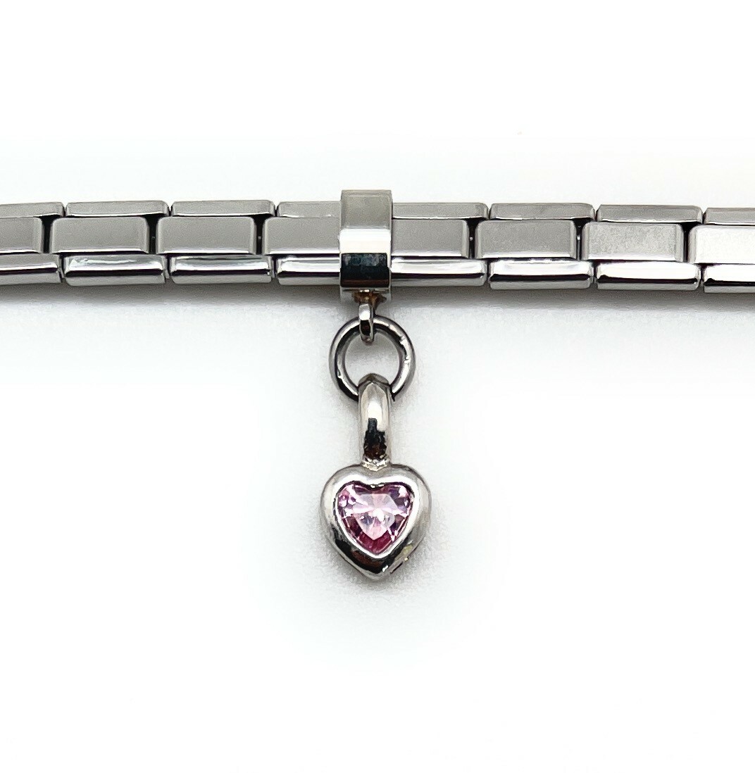 Italian Modular Charm Bracelet Dangle Pink CZ Heart Stainless Steel Silver 4 mm