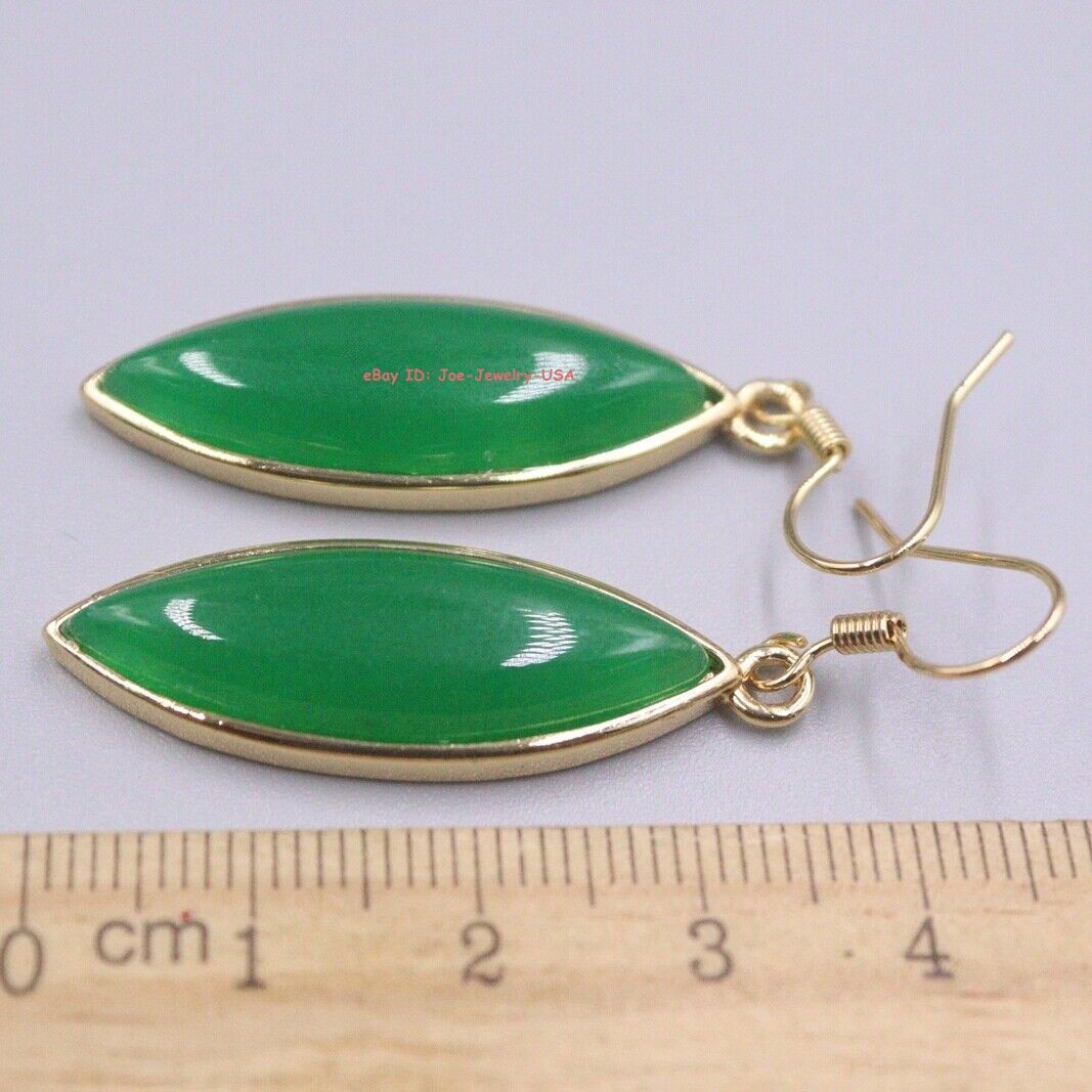 Gold Plated Alloy Heated Marquise Green Jade Dangle Earrings 1.89inch L