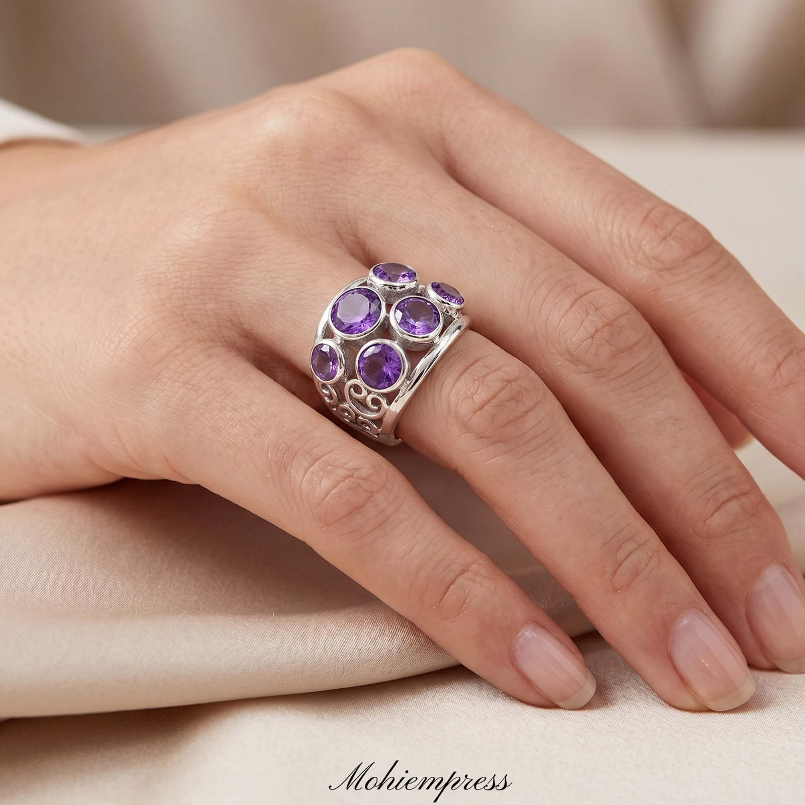 925 Sterling Silver Multi-Stone Natural Amethyst Statement Ring