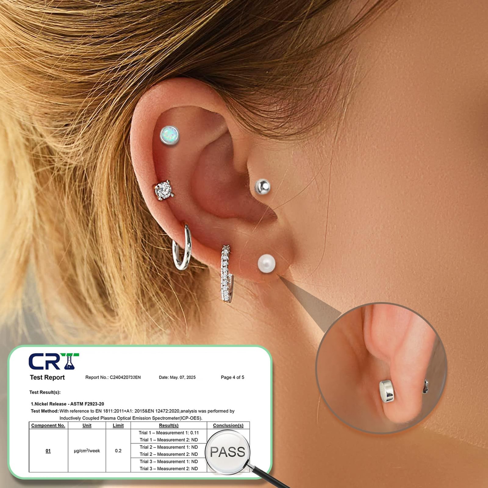Surgical Steel Flat Back Earrings Set for Multiple Piercing Sensitive Silver