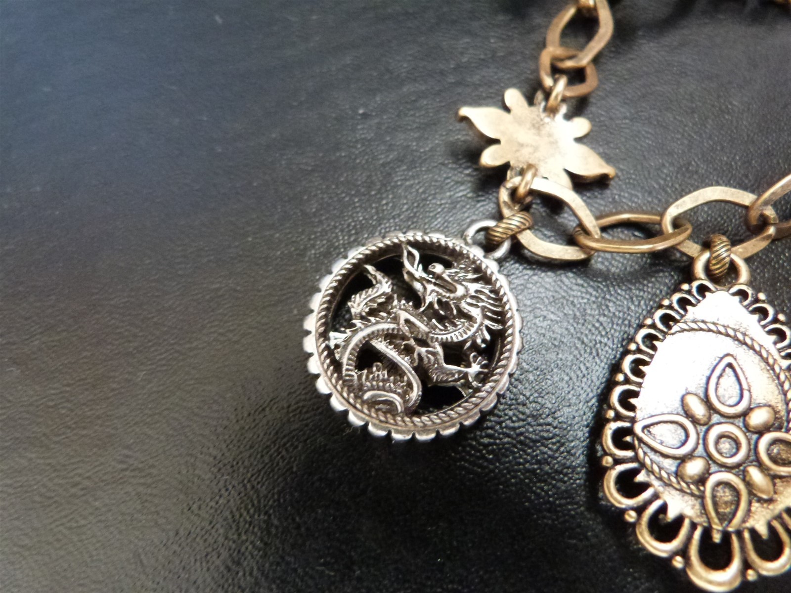 Lucky Brand jewelry lot charm bracelet Asian inspired floral dragon peace sign