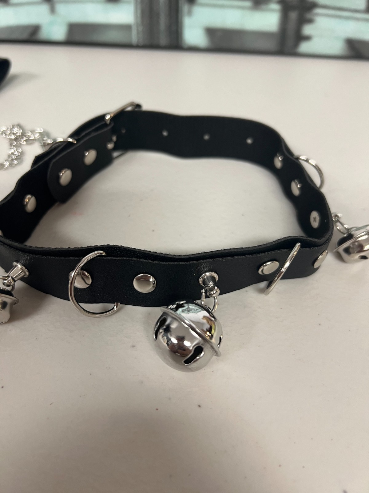 Gothic Faux Leather Choker Set Detachable Chain Leash Bell