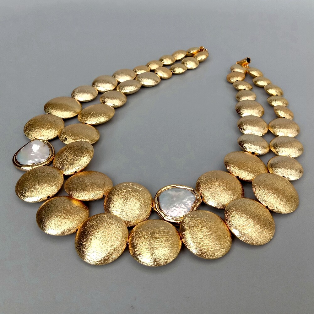 18″ 2 Rows Gold Plated Brushed Coin Bead Cultured White Coin Pearl Necklace