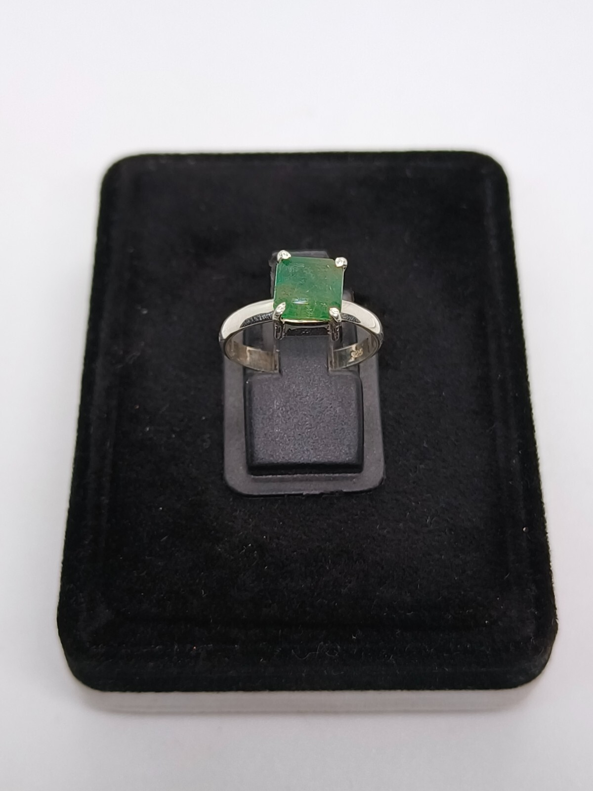 Emerald Cut Sterling Silver Ring-Light Zambia Green Emerald Ring Stone US Size 7