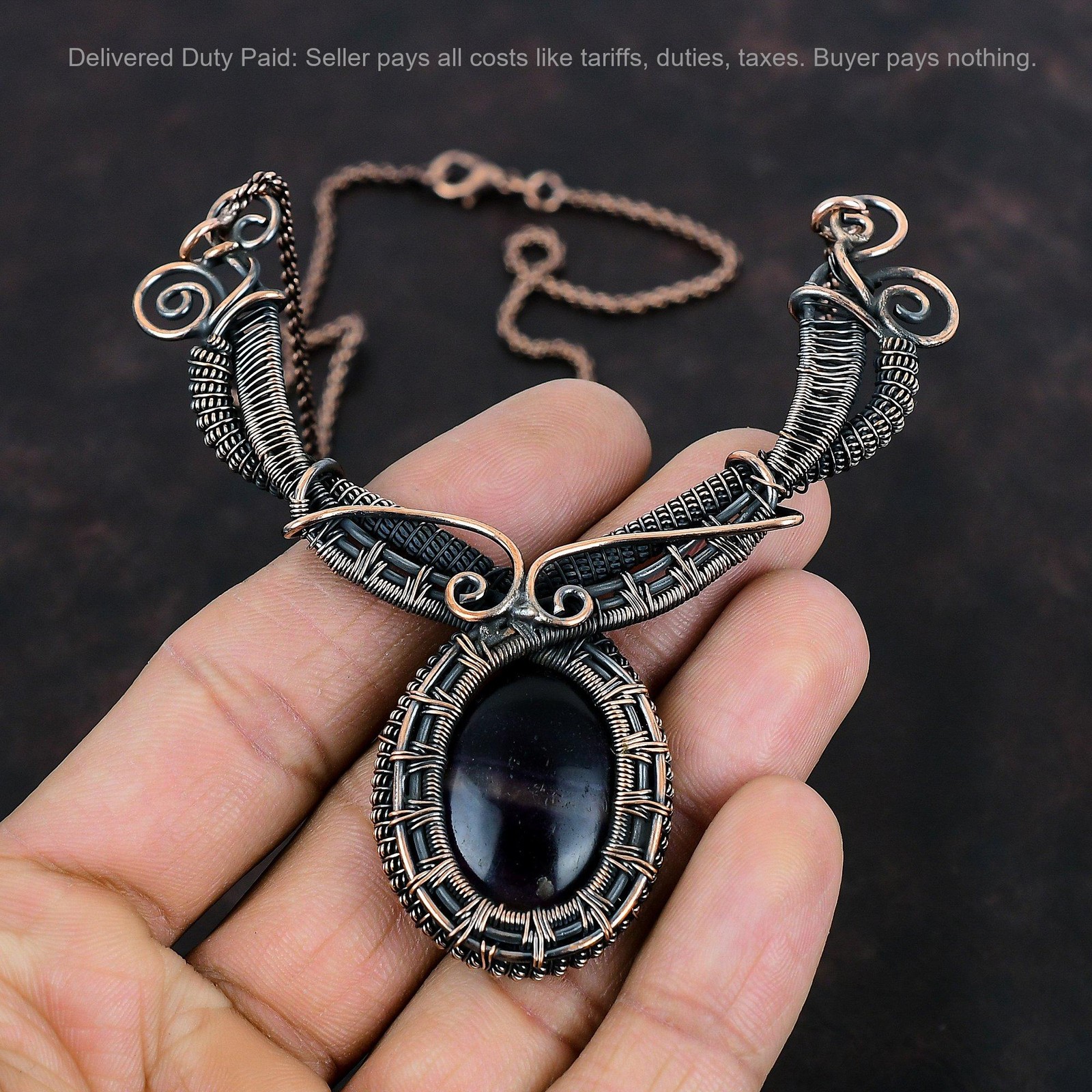 Oval Multi Fluorite Stone Wire Wrapped Artisan Chain Birthday Necklace Copper