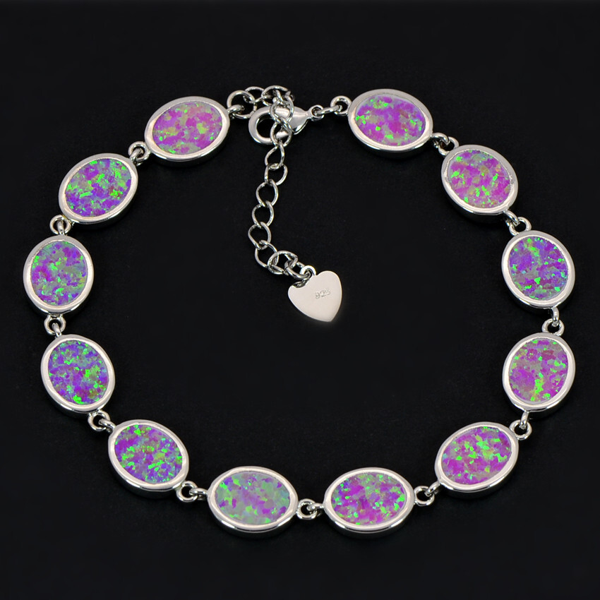 Hawaii Blue/White/Orange/Pink Oval 925 Sterling Sliver Fire Opal Bracelet 18cm
