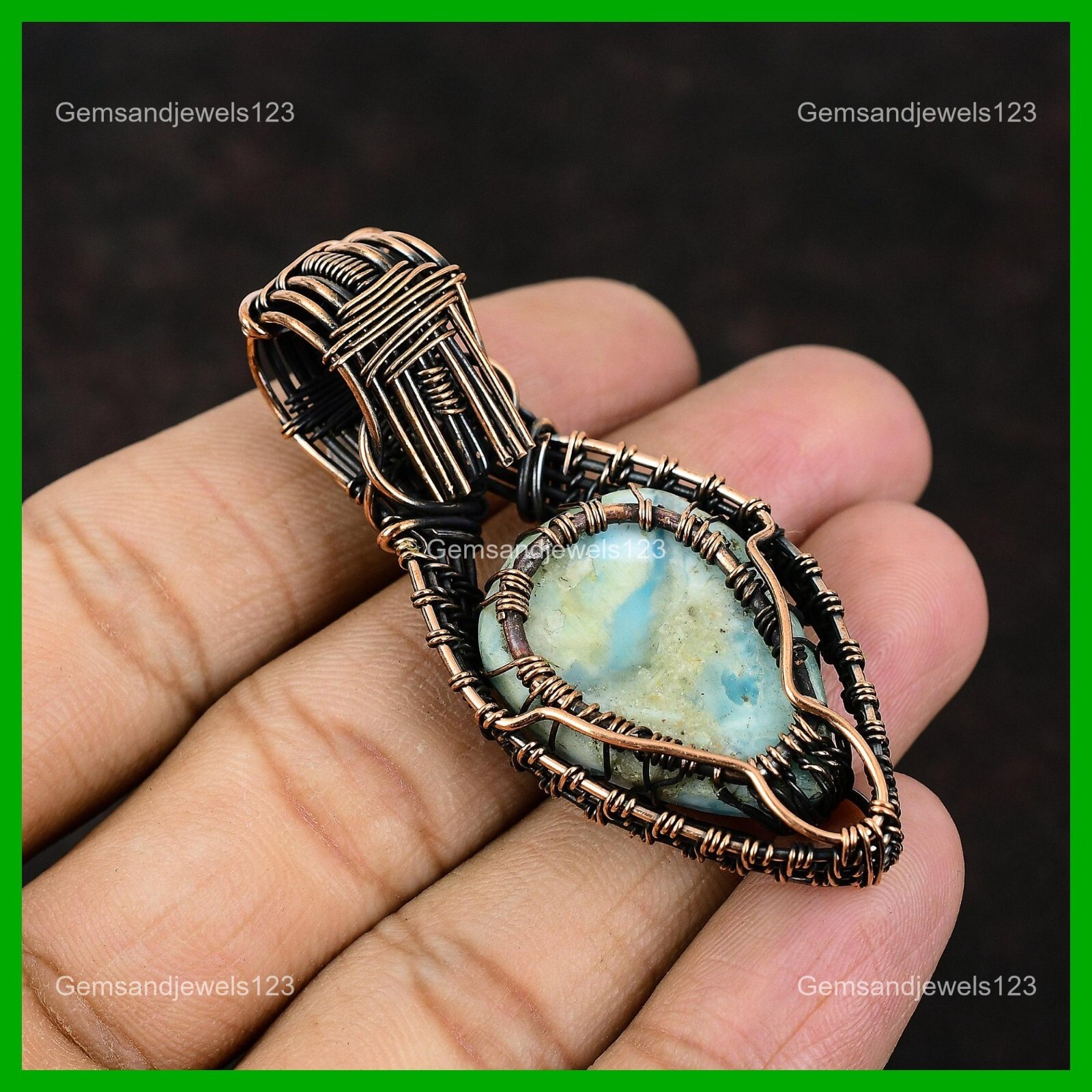 Pear Larimar Stone Rainbow Moonstone Birthday Wire Wrap Pendant Jewelry Copper