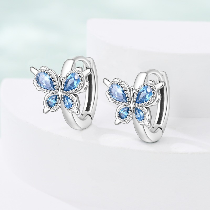 KUNSIR 925 SterlingSilver Blue Crystal Butterfly Hoop Earrings For Women Jewelry