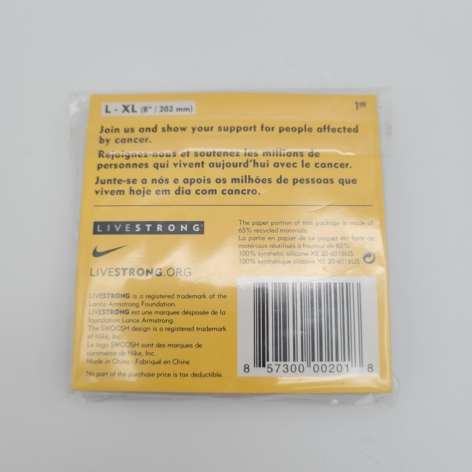 Nike LiveSTRONG Authentic Wristband Bracelet NEW (Size L-XL) 8″/202 mm