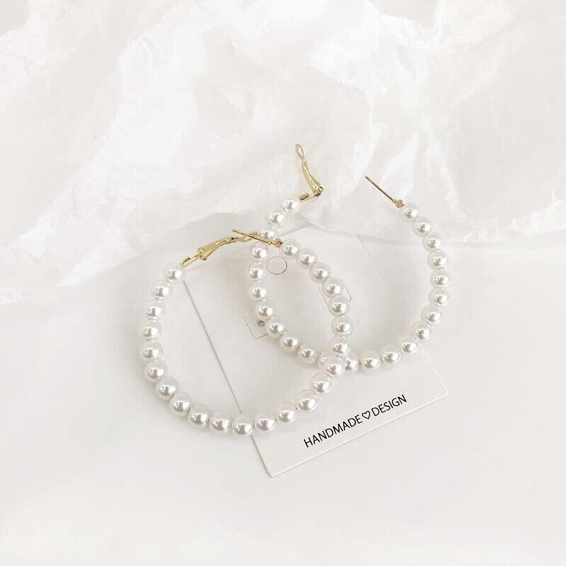 Pretty New Fashion Jewelry Yellow Gold Plated White Pearl 2″ Round Hoop Earrings