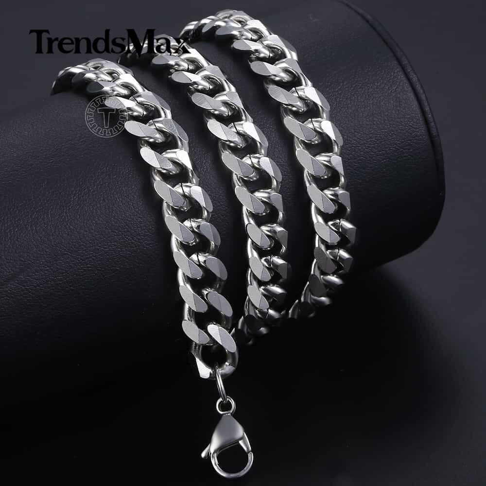 Trendsmax 9MM 16” Mens Chain Silver Stainless Steel Curb Cuban Necklace Choker