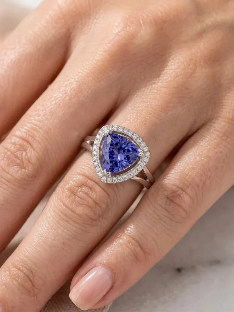 Tanzanite Trillion Cut Lab-Grown Ring 925 Sterling Silver Halo Statement Jewelry