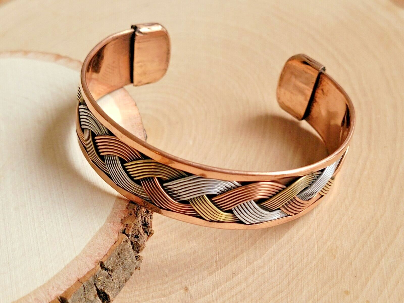 Solid Copper Tricolor Cuffed Health Bracelet – Copper Bracelet Braided